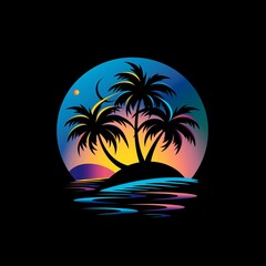colorful logo of palm tree on the beach