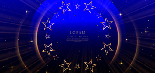 Golden star with golden on dark blue background with lighting effect and sparkle. Luxury template celebration award design.