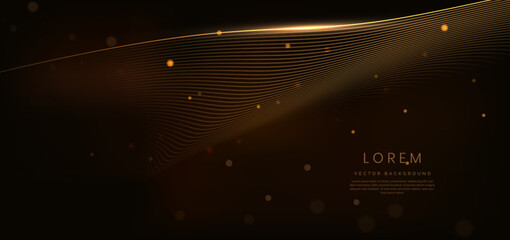 Abstract elegant golden wave on black background with lighting effect and sparkle with copy space for text. Luxury design style.