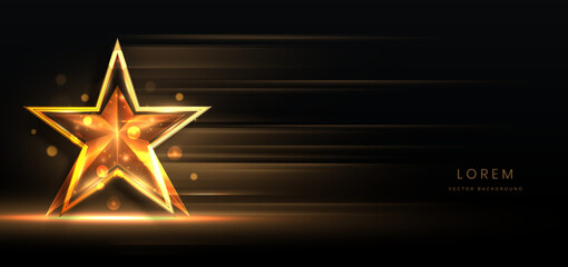 Golden star on black background with lighting effect and sparkle. Luxury template celebration award design.