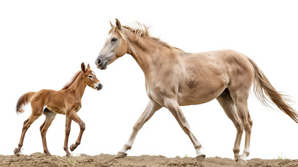 A mother horse and her foal trotting on sandy ground, showcasing their graceful movement and strong bond, against a white background.