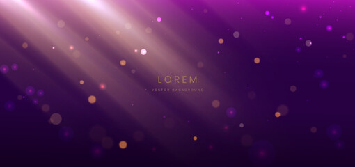 Abstract gold glowing lines on dark purple background with particles, bokeh.