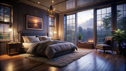 Spacious bedroom with plush bedding, neutral colors, and large windows offering natural light