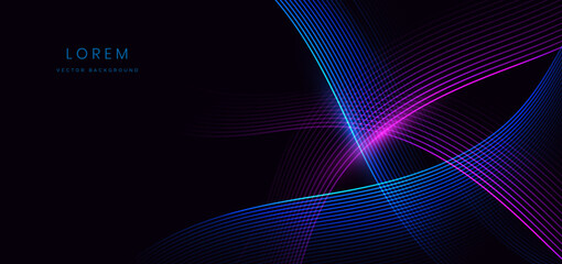Abstract futuristic curved glowing blue and pink light lines on black background.
