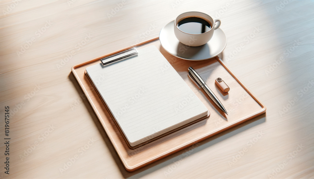 Poster a notepad on a tray with a pen, usb drive, and a cup of coffee on a wooden surface for a professiona