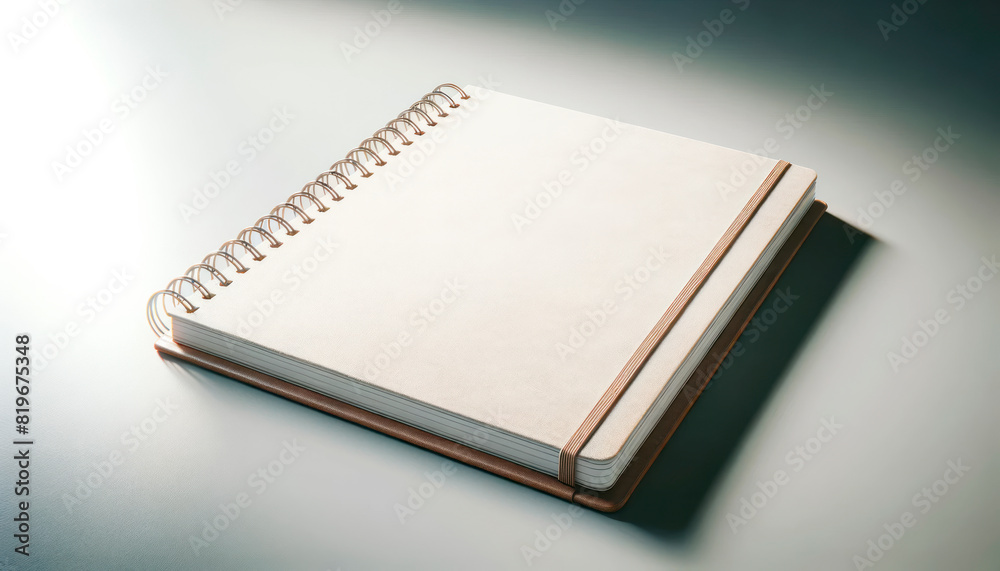Poster An empty spiral notebook with blank beige pages on a light gradient background, ideal for design mockups. Generative AI
