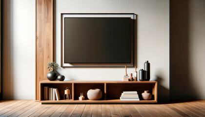 A modern room interior with a blank framed poster on the wall above a wooden cabinet with decorative items. Generative AI