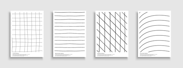 Set of black and white hand drawn striped covers, templates, placards, brochures, banners, flyers etc. Drawing backgrounds, postcards, posters, invitation, tags, cards with creative print with lines