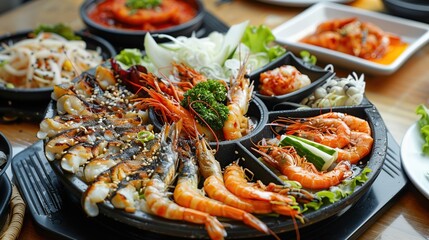 Korean Food on the Table, Seafood, Hot Food. Generative AI