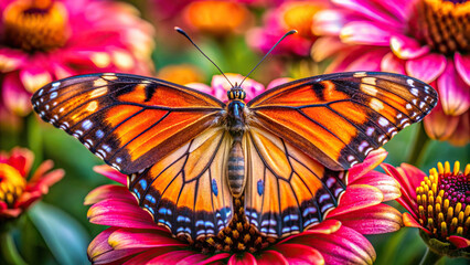 Detailed shot of a butterfly perched on a flower petal, with wings spread, displaying vibrant hues and delicate veins