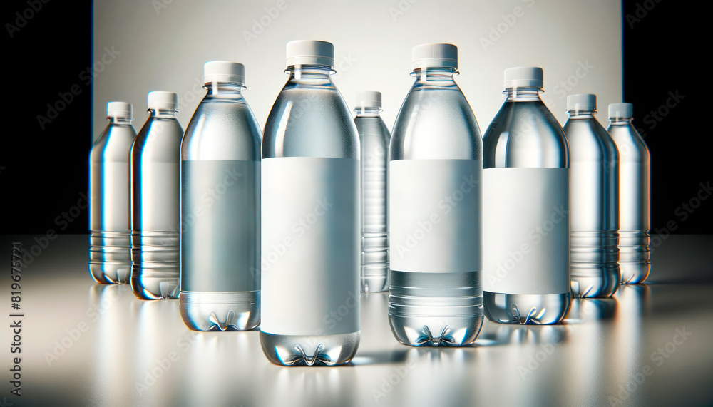 Wall mural multiple water bottles with blank labels on a reflective surface against a gradient background, perf