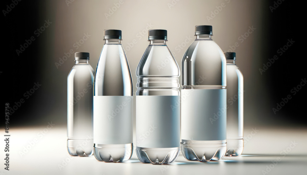 Poster transparent water bottles with blank labels on a neutral background, concept for branding and produc