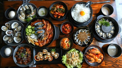 Korean Food on the Table, Seafood, Hot Food. Generative AI