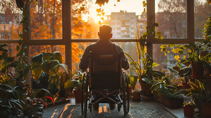 Naklejka premium Rollstuhlfahrer im Wintergarten, made by AI