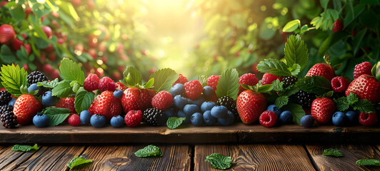 Variety of fresh berries on wooden surface. An assortment of ripe strawberries, blackberries, and blueberries on a rustic wooden table, with a sunlit green foliage background.  - Powered by Adobe