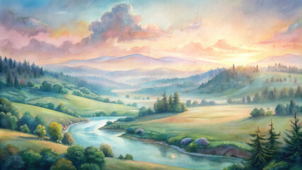 A panoramic view of a serene countryside landscape with rolling hills, a winding river, and a watercolor sky painted in soft pastel tones