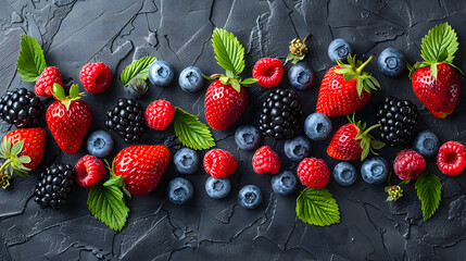 Close-up of fresh raspberries, strawberries and blueberries. A vibrant close-up image featuring a...