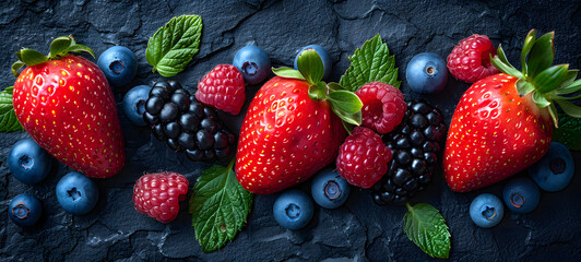 Ripe blueberries, blackberries and strawberries on a black background. Healthy food concept.