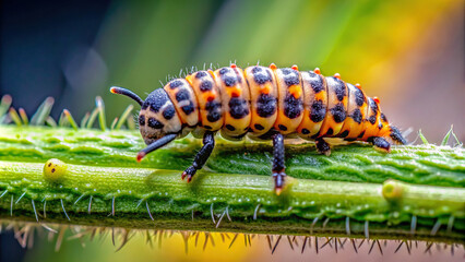 Detailed view of a ladybug larvae on a plant stem, with its segmented body and tiny legs