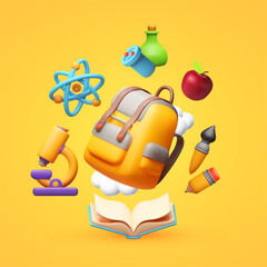 Education concept. Learning design with School bag and symbols of sciences.