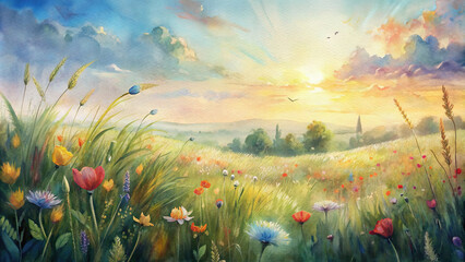 A captivating watercolor illustration of a lush meadow teeming with colorful flowers, with a gentle breeze causing the tall grasses to sway rhythmically under the warm glow of the afternoon sun