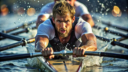 A detailed close-up of a rower's intense expression as they push through the water, highlighting...