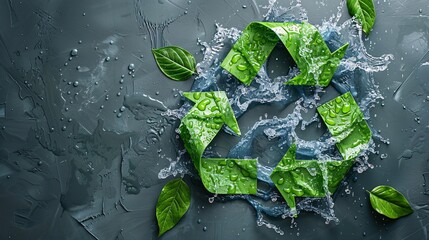 Nature-inspired recycling water sign with green leaves and flowing water elements