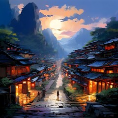 Panoramic of ancient chinese town between mountains, generative AI