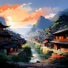 Panoramic of ancient chinese town between mountains, generative AI