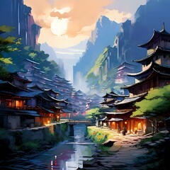 Panoramic of ancient chinese town between mountains, generative AI