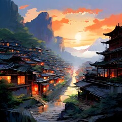 Panoramic of ancient chinese town between mountains, generative AI