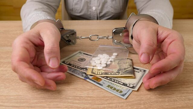 Woman in handcuffs with medicine and dollars. The concept of drug addiction. Drug crime.