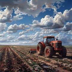 Tractor Plowing Expansive Farmland Under Vast Open Sky Embodying the Spirit of Agriculture and Rural Living