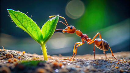 Extreme close-up of an ant carrying a tiny leaf, showcasing strength