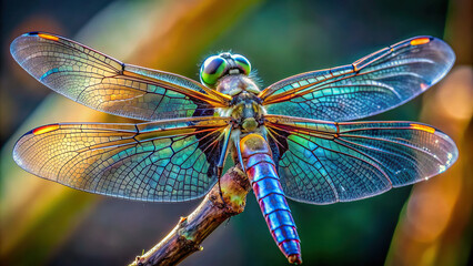 Macro photograph of a dragonfly resting on a branch, showcasing iridescent wings and intricate body structure
