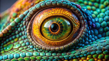 Macro photograph of a chameleon's eye, isolated on clear background