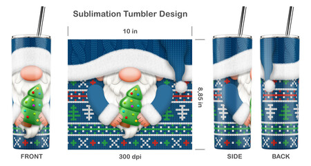 Funny Christmas gnome cartoon character. Seamless sublimation template for 20 oz skinny tumbler. Sublimation illustration. Seamless from edge to edge. Full tumbler wrap.