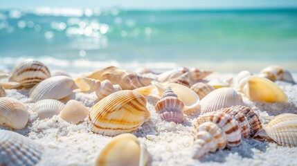 Fototapeta na wymiar Vibrant seashells on white sand with ocean backdrop, enhancing beach beauty.