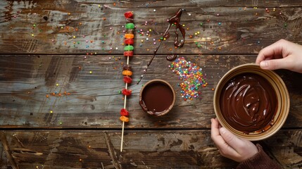 Hand-Dipping Jelly Skewer into Melted Chocolate on Wooden Table