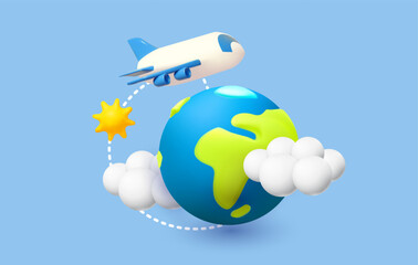 Time to travel. 3D render traveling elements: Earth planet, airplane, sun and clouds. Summer vacation. Air transportation. Around the world journey.