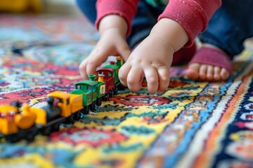Children hands playing with a toy train set on a carpet capturing the joy of imaginative play