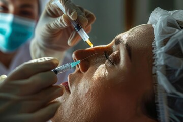 The moment right before a hyaluronic acid injection is given with the patient face in relaxed anticipation and the syringe