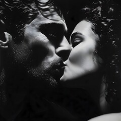 black and white passionate kiss between couple with dark hair