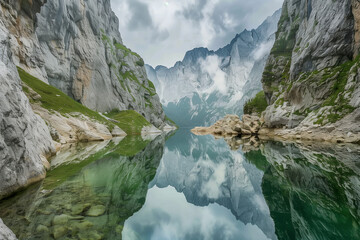 landscape with a beautiful lake in the mountains, surrounded by cliffs and rocks, green water and perfect reflections of clouds on the still water surface, austrian alps, photorealistic // ai-generate