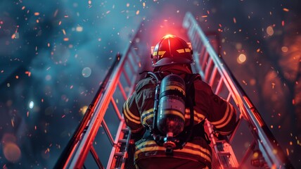 A firefighter climbing a ladder, selective focus, swift response, realistic, overlay, firetruck scene,