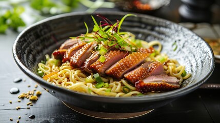 Noodles with Duck Meat and Welsh Onion: Japanese Food. Generative AI