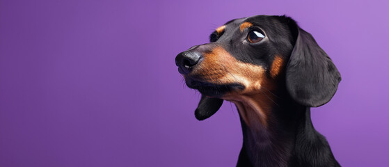 Curious Dachshund with head tilted on a purple background with copy space,