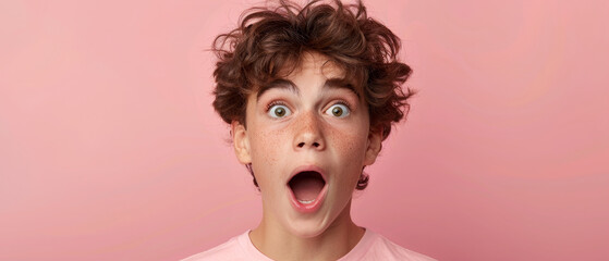 Teen boy with eyebrows raised in surprise on a pink background