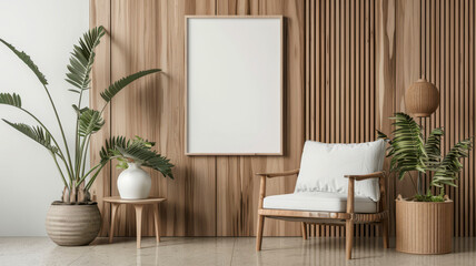 Mockup of a blank frame on the wall, contemporary armchair, side table, and houseplants, in a modern living room with wooden elements,