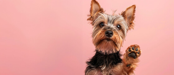 Sassy Yorkshire Terrier with raised paw on a rose pink background with copy space,